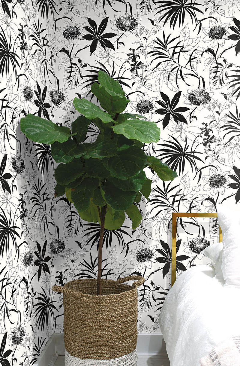 media image for Tropical Garden Peel-and-Stick Wallpaper in Black by NextWall 215