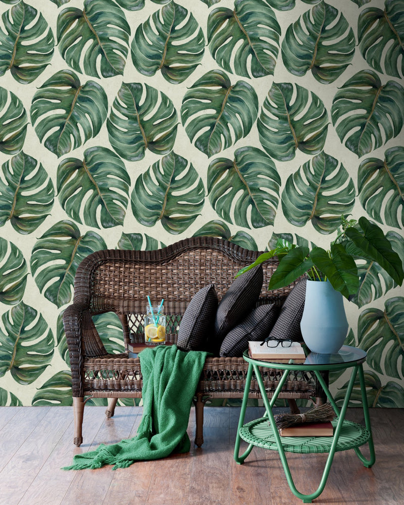 media image for Tropical Leaf Wallpaper in Beige and Green from the Tropical Vibes Collection by Mind the Gap 270