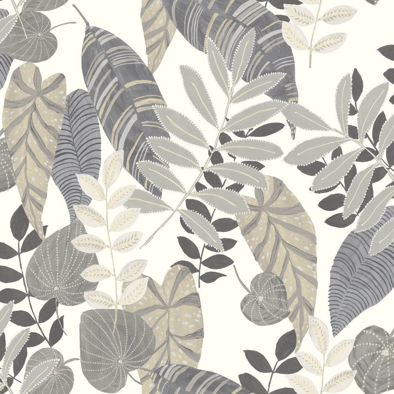 media image for Tropicana Leaves Wallpaper in Charcoal, Stone, and Daydream Grey from the Boho Rhapsody Collection by Seabrook Wallcoverings 295