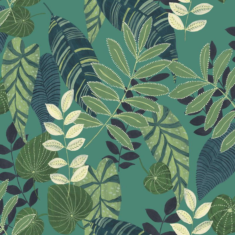 media image for sample tropicana leaves wallpaper in jade rosemary and spruce from the boho rhapsody collection by seabrook wallcoverings 1 214