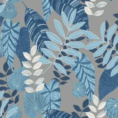 product image of sample tropicana leaves wallpaper in metallic grey sky blue and champlain from the boho rhapsody collection by seabrook wallcoverings 1 537