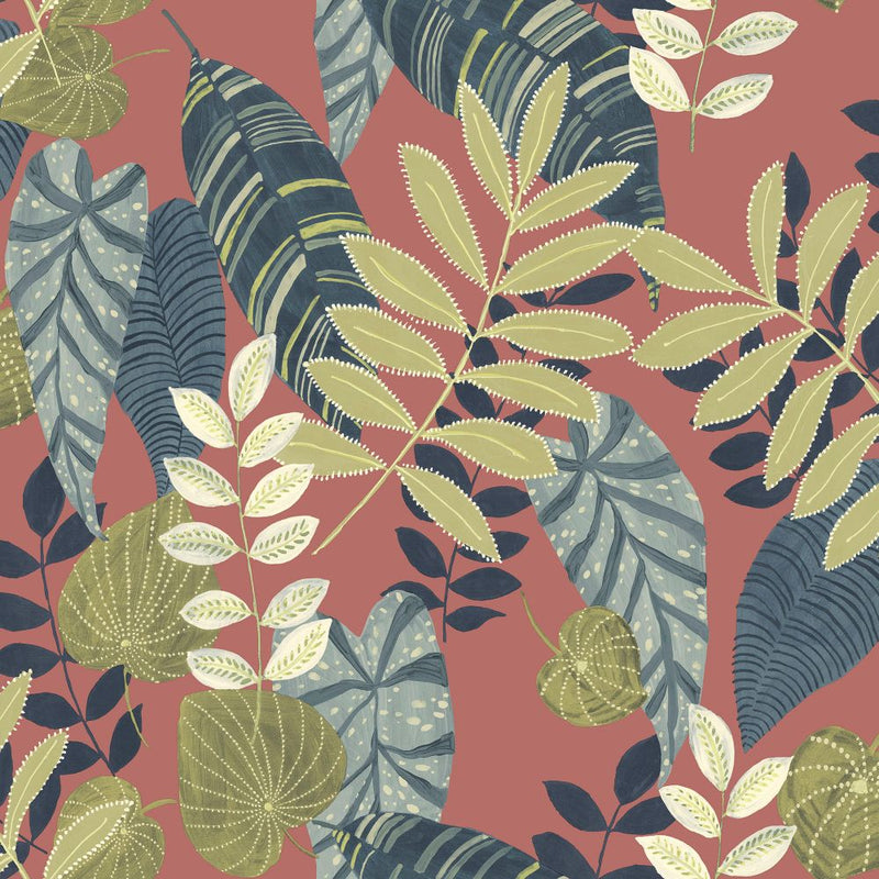 media image for sample tropicana leaves wallpaper in redwood olive and washed denim from the boho rhapsody collection by seabrook wallcoverings 1 296
