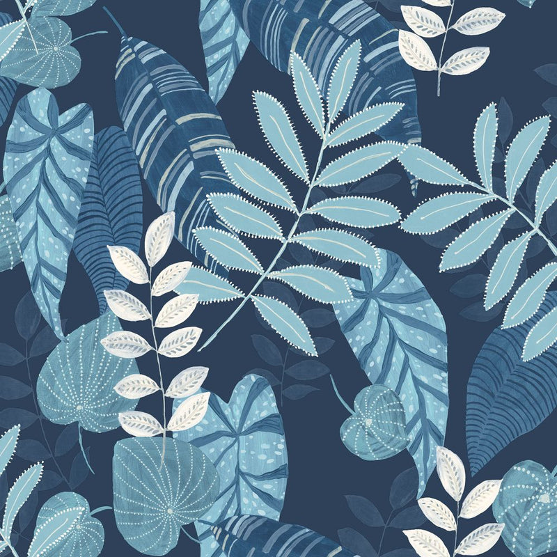media image for Tropicana Leaves Wallpaper in Sky Blue and Champlain from the Boho Rhapsody Collection by Seabrook Wallcoverings 257