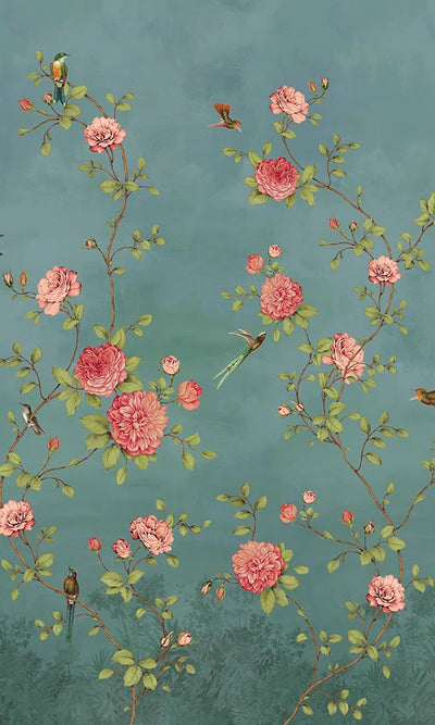 product image for Turquoise Blooming Chinoiserie Wall Mural by Walls Republic 53