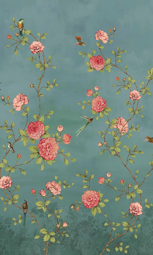 media image for Turquoise Blooming Chinoiserie Wall Mural by Walls Republic 20