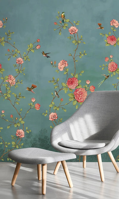 product image for Turquoise Blooming Chinoiserie Wall Mural by Walls Republic 35