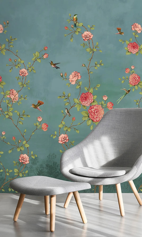 media image for Turquoise Blooming Chinoiserie Wall Mural by Walls Republic 288
