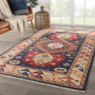 product image for Karter Hand-Knotted Medallion Blue & Red Area Rug 62