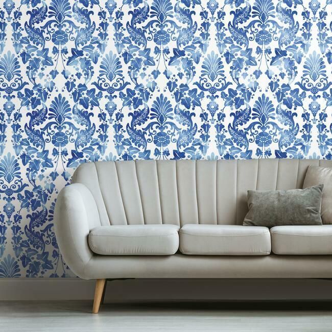 media image for Vine Damask Peel & Stick Wallpaper in Blue by RoomMates for York Wallcoverings 266