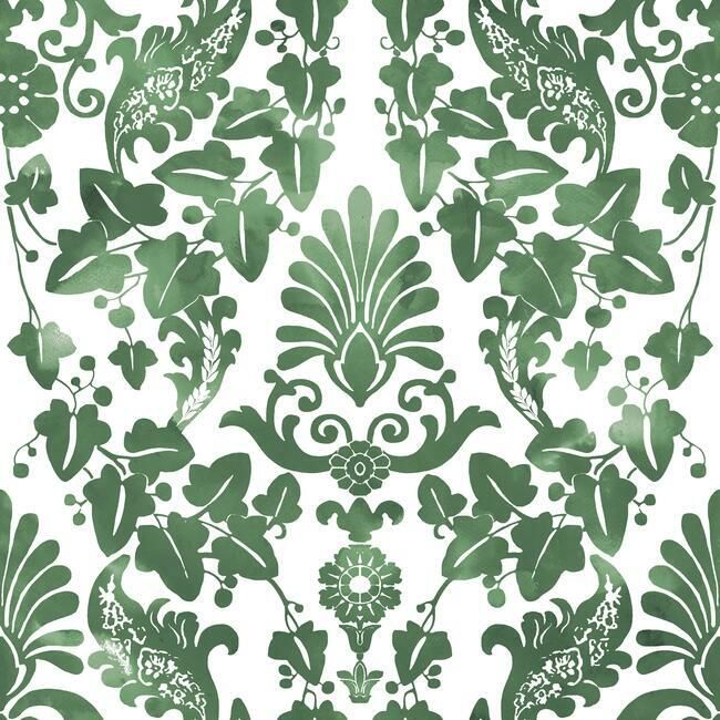 media image for sample vine damask peel stick wallpaper in green by roommates for york wallcoverings 1 216