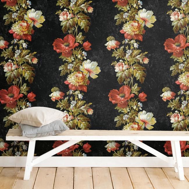 media image for Vintage Floral Stripe Peel & Stick Wallpaper in Black by RoomMates for York Wallcoverings 275