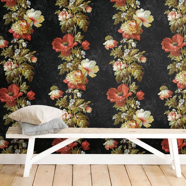 media image for Vintage Floral Stripe Peel & Stick Wallpaper in Black by RoomMates for York Wallcoverings 256