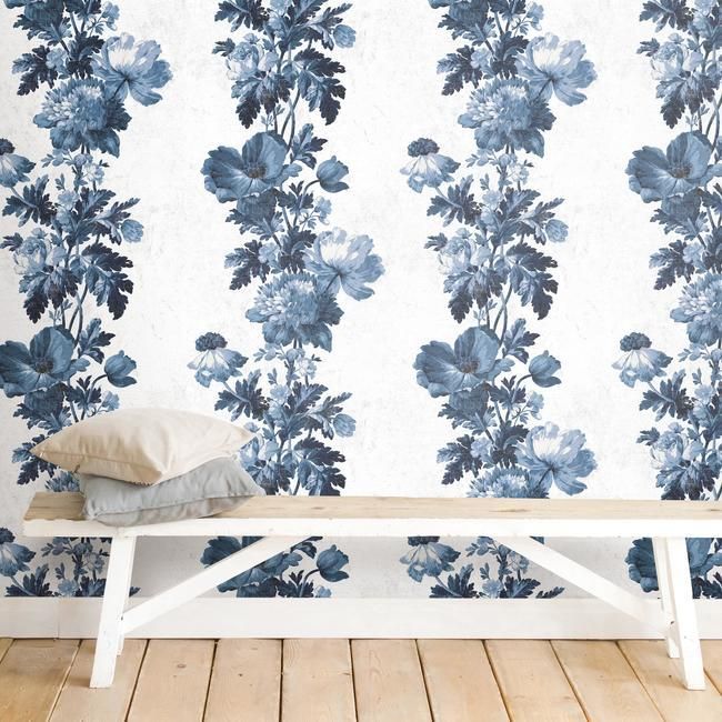 media image for Vintage Floral Stripe Peel & Stick Wallpaper in Blue by RoomMates for York Wallcoverings 275