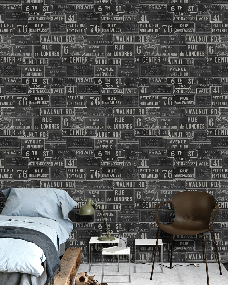 media image for Vintage Signs Wallpaper in Anthracite from the Eclectic Collection by Mind the Gap 29