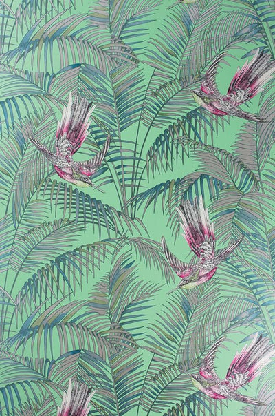 product image of Sunbird Wallpaper in Grass, Cerise, and Metallic Gilver from the Eden Collection 549