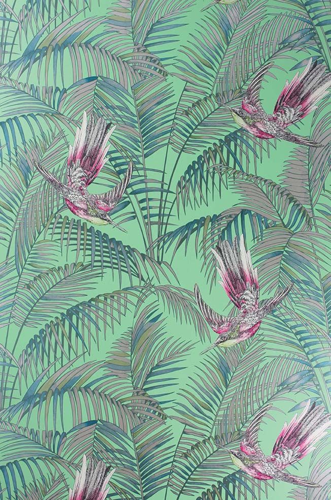 media image for Sunbird Wallpaper in Grass, Cerise, and Metallic Gilver from the Eden Collection 226
