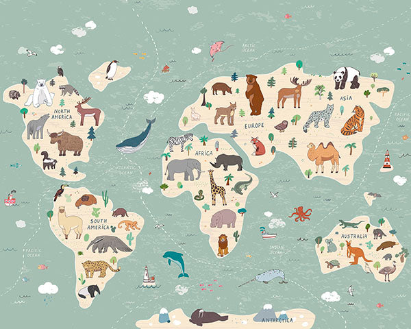 media image for Illustration of a Children’s World Map Wall Mural 272