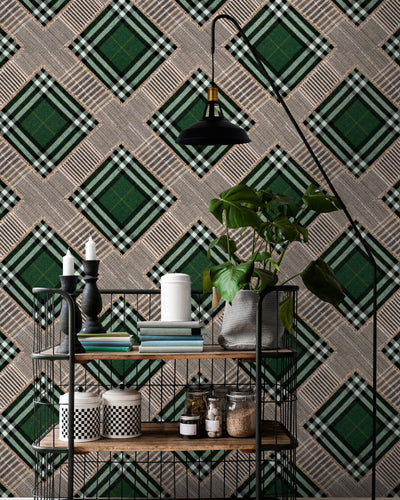 product image for Checkered Patchwork British Green Wallpaper from Collectables by Mind the Gap 24