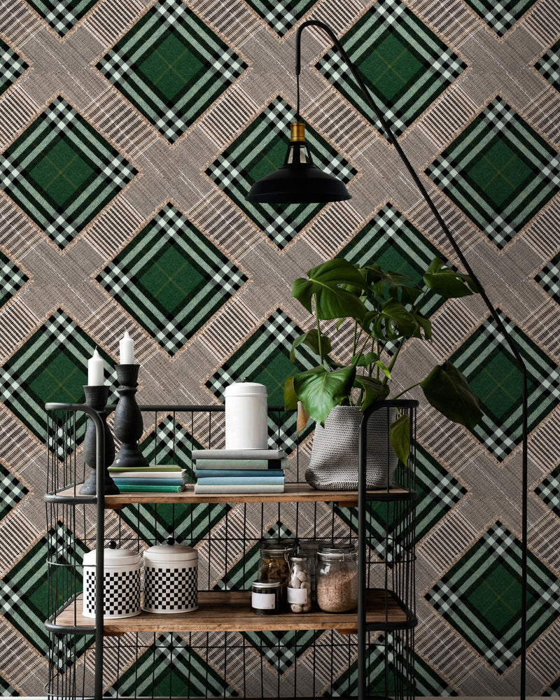 media image for Checkered Patchwork British Green Wallpaper from Collectables by Mind the Gap 291