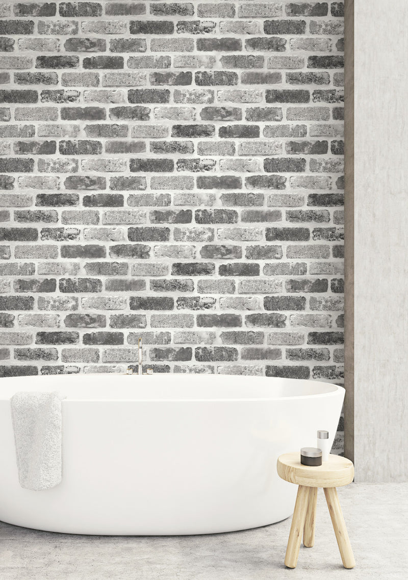 media image for Washed Faux Brick Peel-and-Stick Wallpaper in Greys by NextWall 238