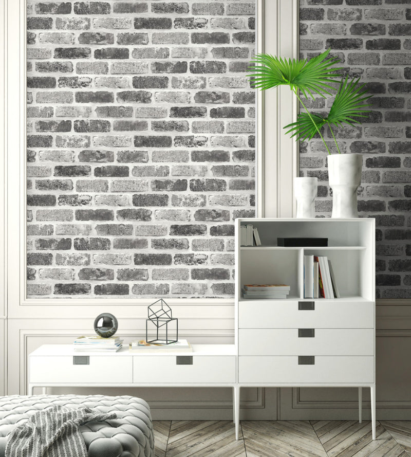 media image for Washed Faux Brick Peel-and-Stick Wallpaper in Greys by NextWall 236
