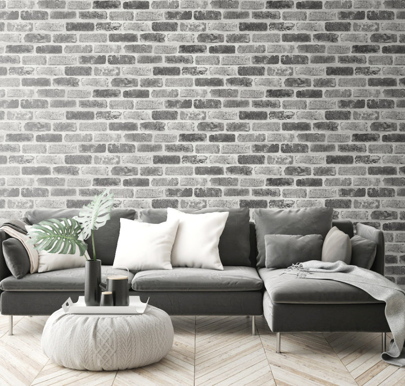 media image for Washed Faux Brick Peel-and-Stick Wallpaper in Greys by NextWall 283