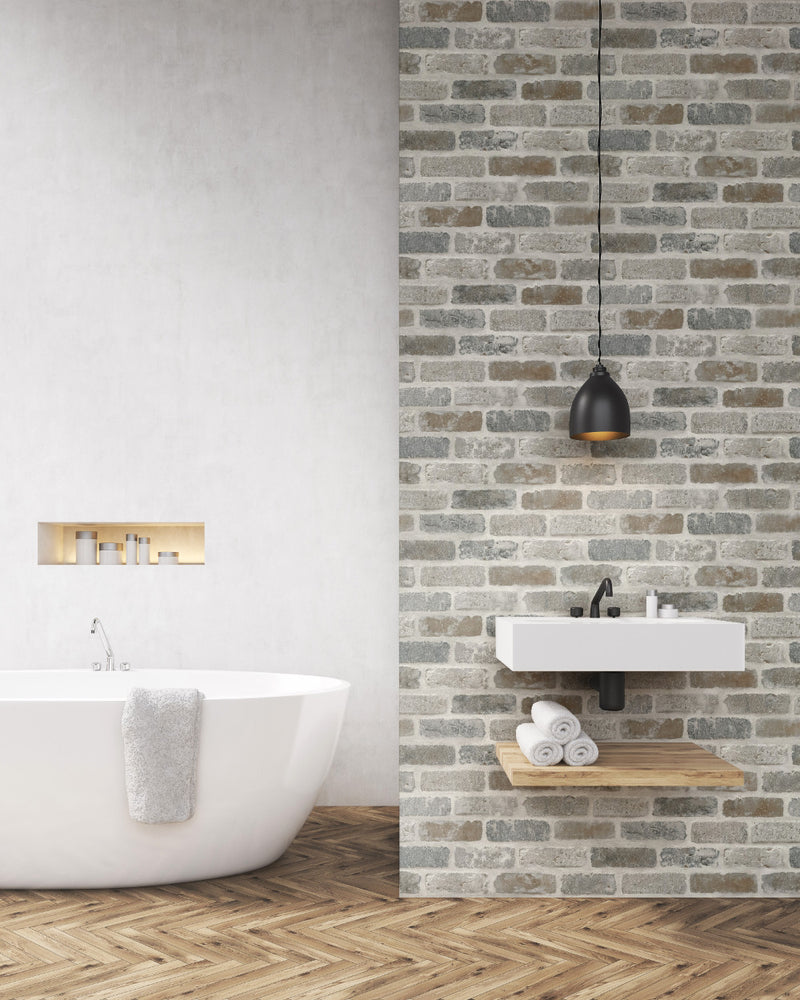 media image for Washed Faux Brick Peel-and-Stick Wallpaper in Neutrals by NextWall 29