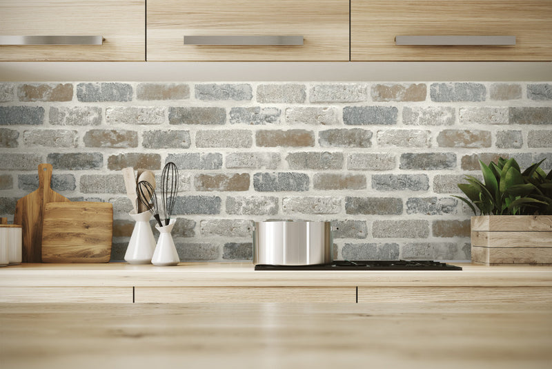 media image for Washed Faux Brick Peel-and-Stick Wallpaper in Neutrals by NextWall 249
