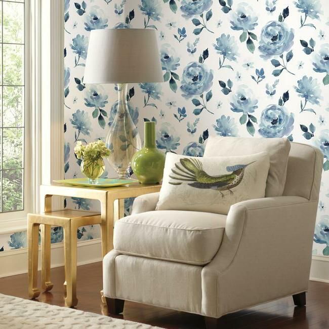 media image for Watercolor Blooms Peel & Stick Wallpaper in Blue by York Wallcoverings 266