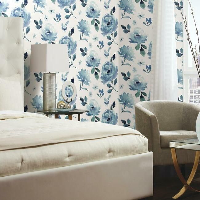 media image for Watercolor Blooms Peel & Stick Wallpaper in Blue by York Wallcoverings 213