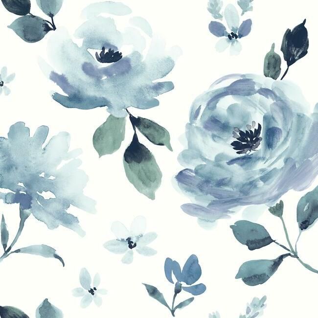 media image for Watercolor Blooms Peel & Stick Wallpaper in Blue by York Wallcoverings 273