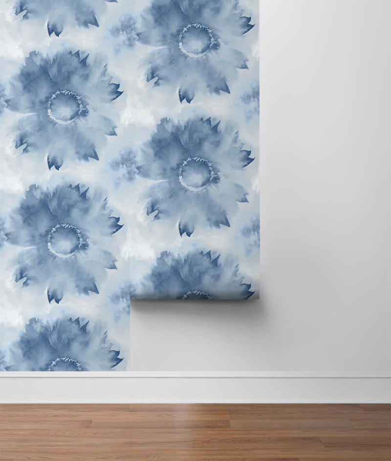 media image for Watercolor Sunflower Peel-and-Stick Wallpaper in Navy Blue by NextWall 218