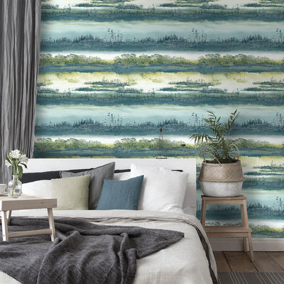 product image for Watercolor Wetlands Wallpaper in Teal by Walls Republic 27