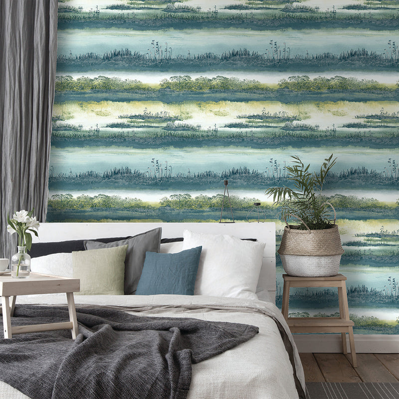media image for Watercolor Wetlands Wallpaper in Teal by Walls Republic 296