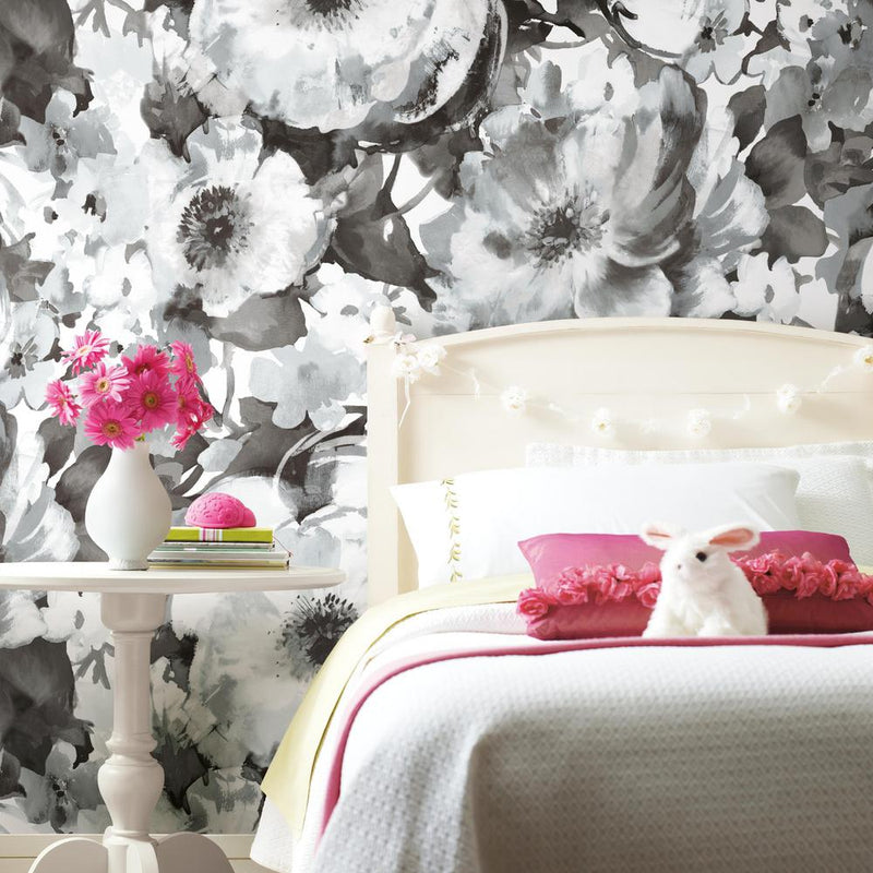 media image for Watercolor Floral Peel & Stick Wall Mural in Black and White by RoomMates for York Wallcoverings 217