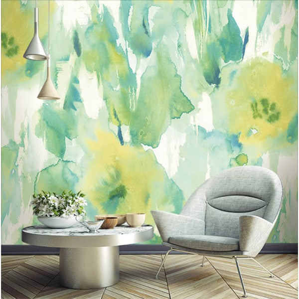 media image for Watercolor Floral Wall Mural in Greens and Yellow-Gold from the L& 249