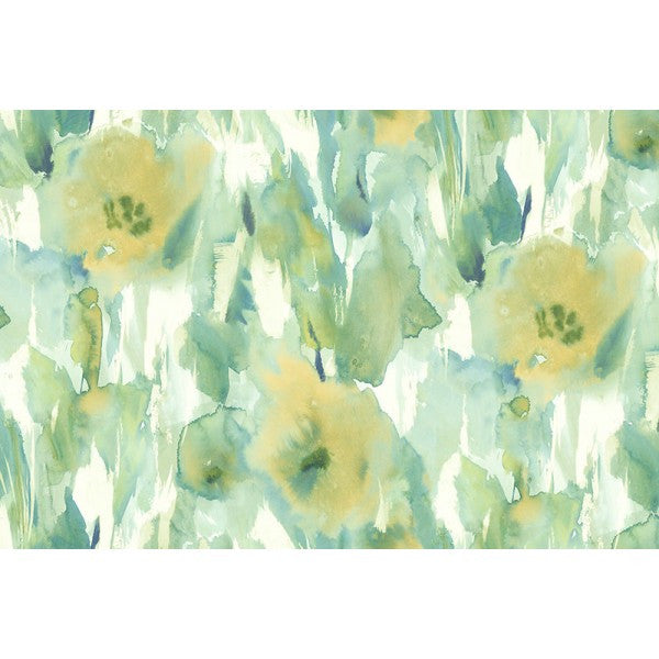 media image for Watercolor Floral Wall Mural in Greens and Yellow-Gold from the L& 221
