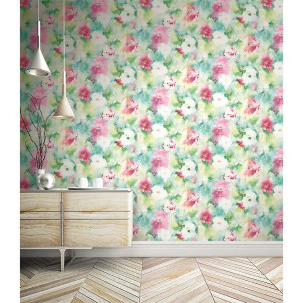 media image for Watercolor Flowers Wallpaper in Greens and Pink from the L& 273