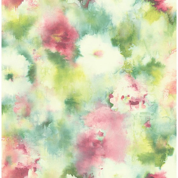 media image for Watercolor Flowers Wallpaper in Greens and Pink from the L& 218