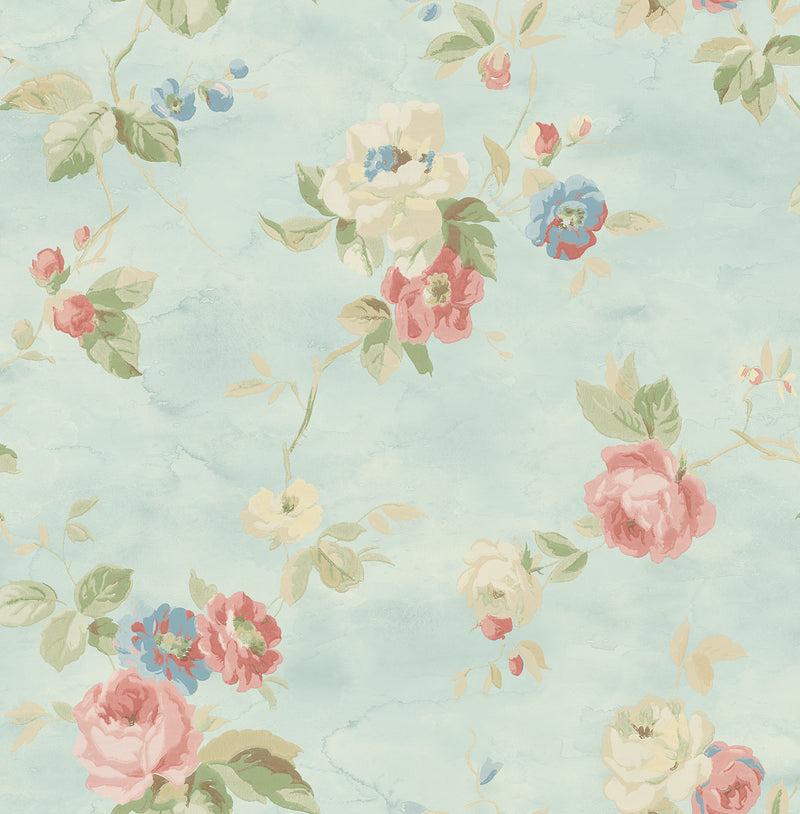 media image for Watercolor Trail Wallpaper in Blue and Rose from the Watercolor Florals Collection by Mayflower Wallpaper 211