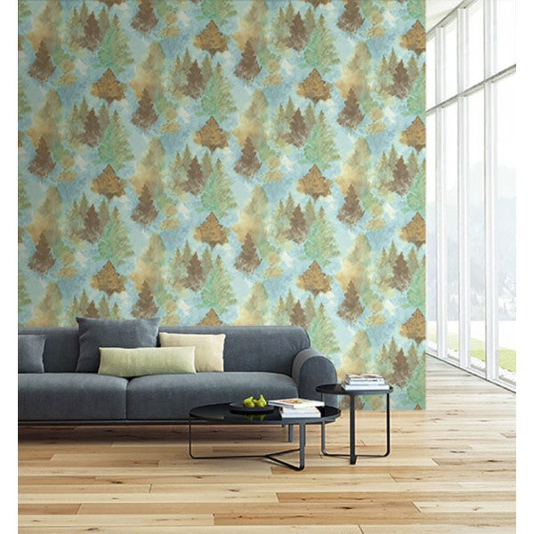 media image for Watercolor Wilds Wallpaper in Blue, Browns, and Green from the L& 258