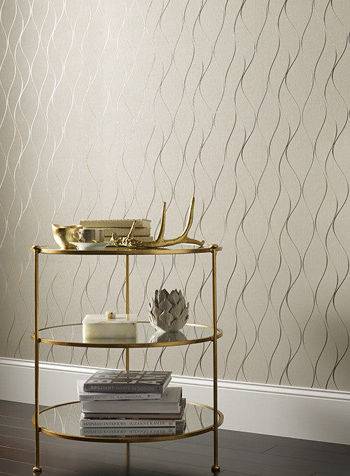 media image for Wavy Stripe Wallpaper in Soft Neutral and Metallic by York Wallcoverings 279