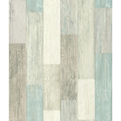 product image of sample weathered wood plank peel stick wallpaper in blue and tan by roommates for york wallcoverings 1 588