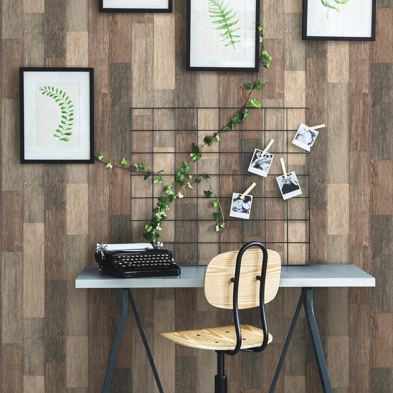 media image for Weathered Wood Plank Peel & Stick Wallpaper in Brown by RoomMates for York Wallcoverings 241