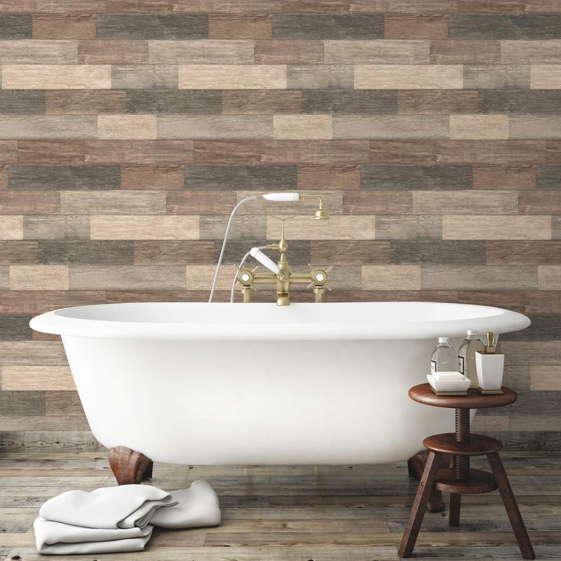 media image for Weathered Wood Plank Peel & Stick Wallpaper in Brown by RoomMates for York Wallcoverings 285