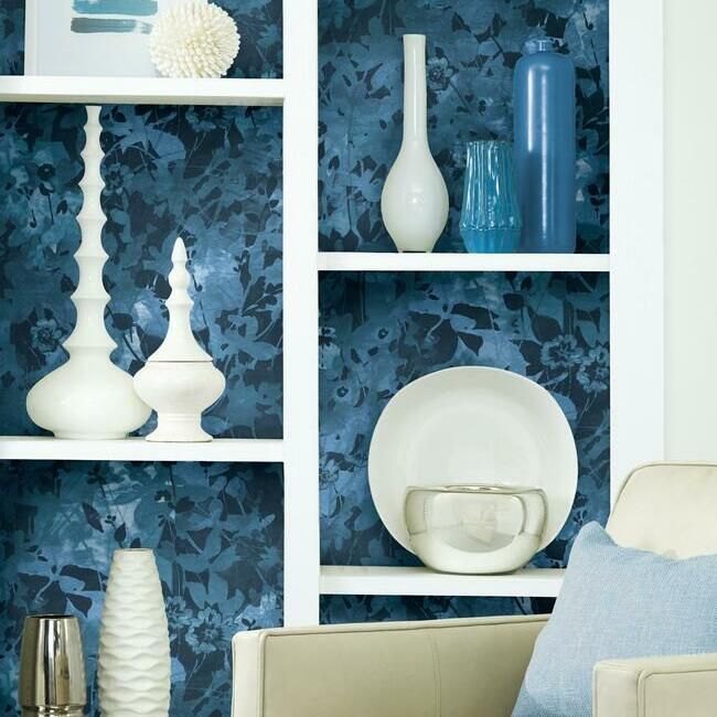 media image for Wildflower Shadows Peel & Stick Wallpaper in Blue and Black by RoomMates for York Wallcoverings 296