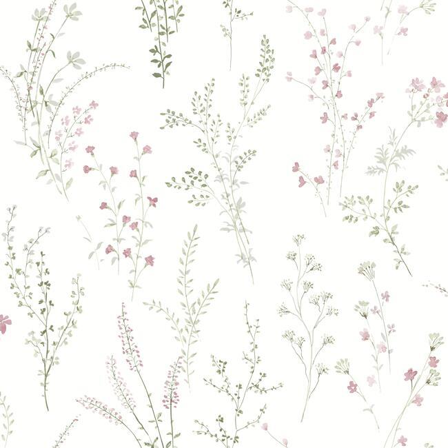 media image for Wildflower Sprigs Wallpaper in Pink and Green from the Simply Farmhouse Collection by York Wallcoverings 214