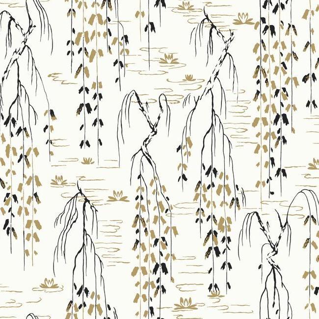 media image for Willow Branches Wallpaper in Ivory, Black, and Gold from the Tea Garden Collection by Ronald Redding for York Wallcoverings 231