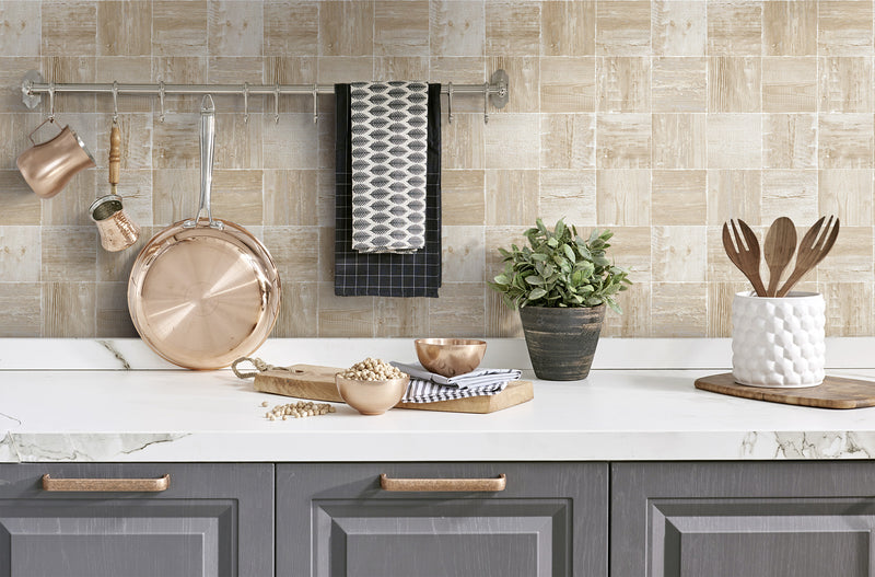 media image for Wood Block Peel-and-Stick Wallpaper in Wheat by NextWall 257