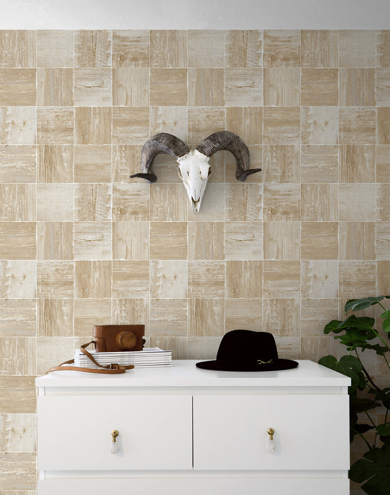 media image for Wood Block Peel-and-Stick Wallpaper in Wheat by NextWall 248